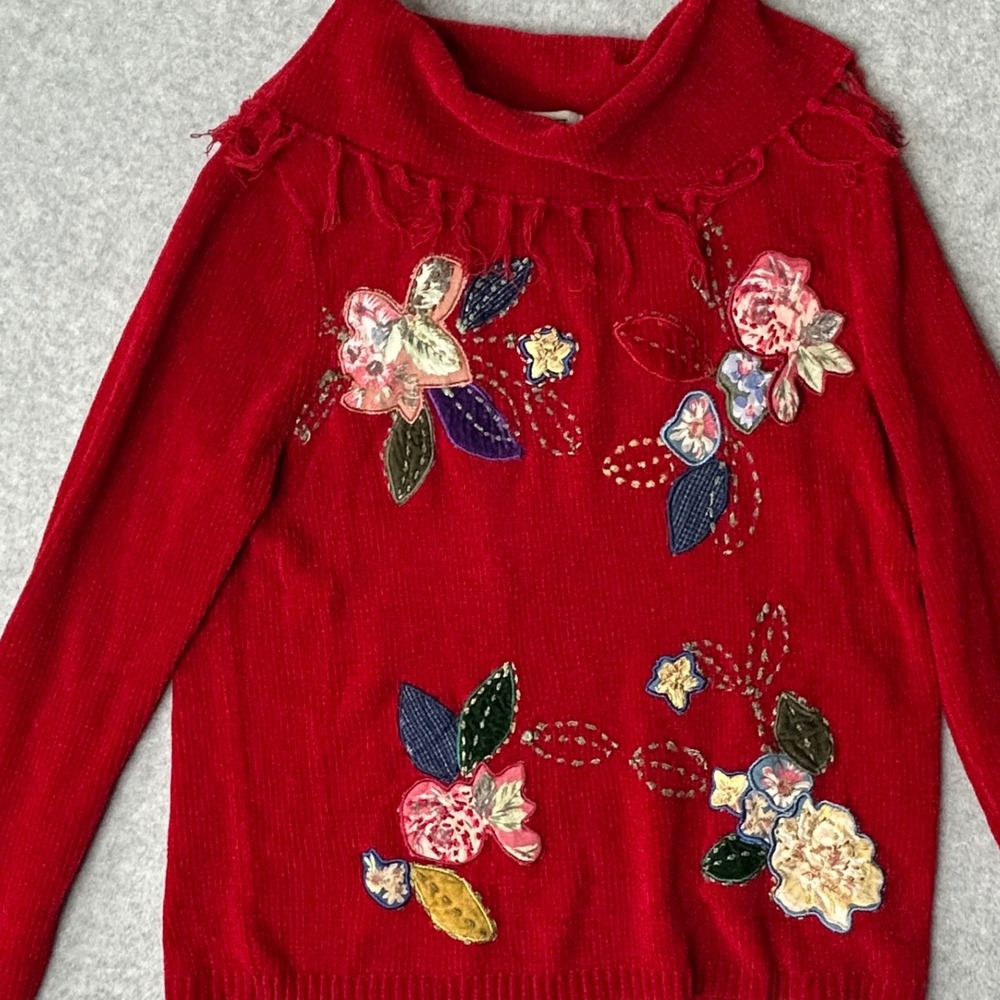 Vintage Koret City Blues Sweater Red Floral Applique Cowl Neck Sweater Women's M